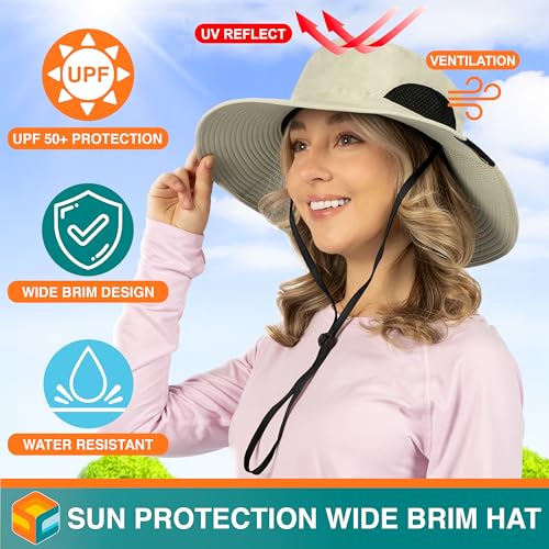 SUN CUBE Wide Brim Sun Hat for Men & Women, UPF 50+ UV Protection, Mesh Boonie Hat with Chin Strap, Fishing Hiking Hat - color: Beige