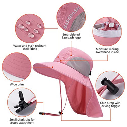 BASSDASH UPF 50+ Unisex Water Resistant Wide Brim Sun Hat with Large Neck Flap Ponytail Fishing Hat for Men Women - color: Pink