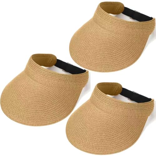 3 Pack Women Straw Sun Visor Hats, Wide Brim UV UPF 50+ Protection Beach Visor, Packable Adjustable Summer Hats for Traveling - color: Khaki+khaki+khaki