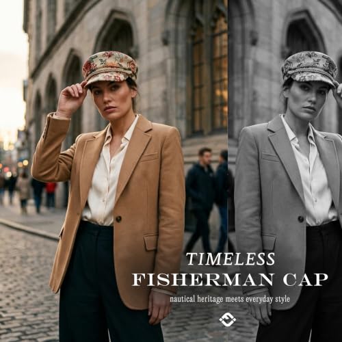 Funky Junque Greek Fisherman Newsboy Cap, Cotton Captains Bakerboy Hat - color: Vintage Floral - Beige