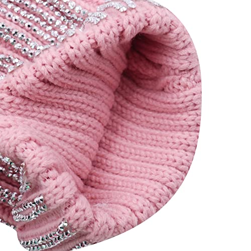 Women Girls Winter Sequin Beanie Hat with Faux Fur Pom Pom Knit Skull Cap - color: Shiny-pink