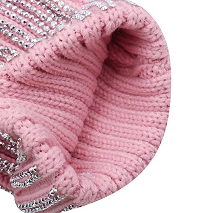 Women Girls Winter Sequin Beanie Hat with Faux Fur Pom Pom Knit Skull Cap - color: Shiny-pink