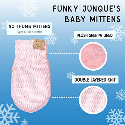 Funky Junque Baby Double Faux Fur Pom Pom Beanie & Mittens Set – Newborn Infant 0–9 Months Winter Hat with Soft Lined Mittens - color: Pale Pink (0-9 Months)