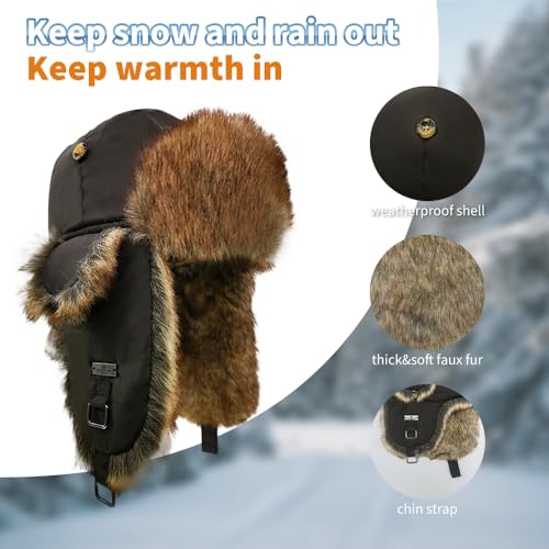 Fur Winter Trapper Hat,Unisex Taslon Faux Fur Aviator Ski Trapper Trooper Pilot Hat,Snow Eskimo Hat with Ear Flaps - color: Brown, size: XX-Large-3X-Large