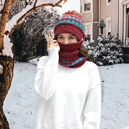 Ypser Women's Winter Warm Knitted Crochet Hat Fleece Lined Cable Faux Fur Pom Pom Beanie Hat Skull Cap - color: Red 3 Pcs Set (Hat & Scarf & Face Mask)