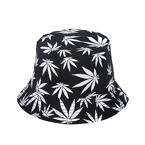 Punk Black Green Red Leaf Weed Fisherman Caps Bucket Hats Hip Hop Gorro Outdoor Men - color: Black White