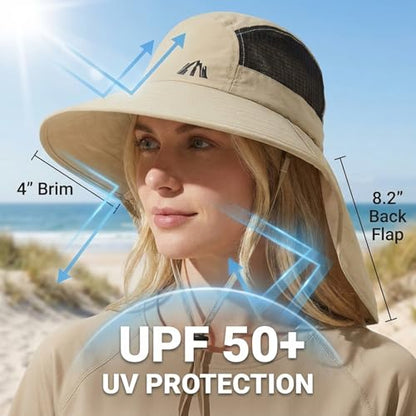 UV Sun Protection Hat Women Foldable Neck Flap Wide Brim Fishing Hat with Ponytail Hole for Women - color: Khaki