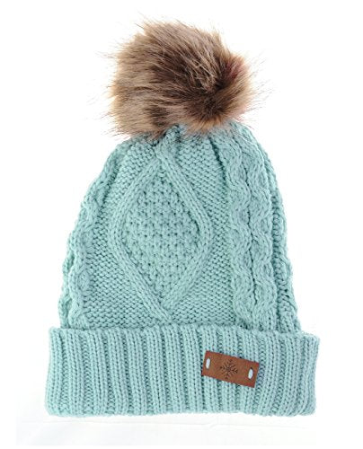Women's Winter Fleece Lined Cable Knitted Pom Pom Beanie Hat - color: Mint