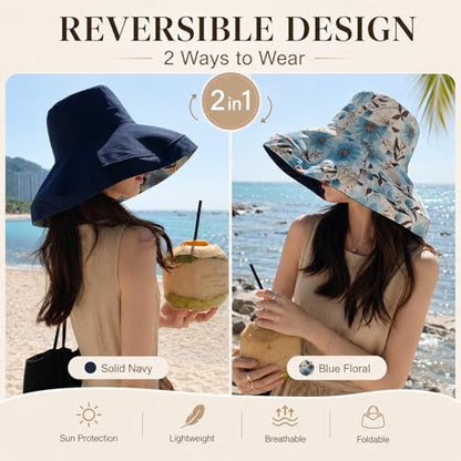 HUAMULAN Wide Brim Women Summer Sun Floppy Hat Reversible Beach Bucket Hat - color: M2320-navy