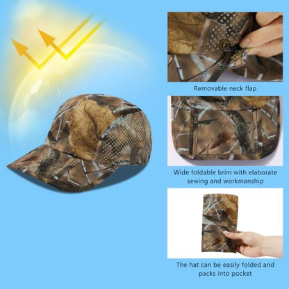 BASSDASH UPF 50+ Fishing Hat, Baseball Cap with Removable Neck Flap - color: Autumn Forest With Foldable Brim