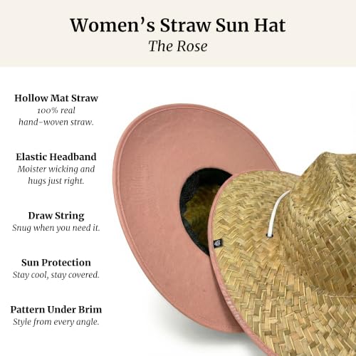 Women's Wide Brim Straw Sun Hat for Beach, Lifeguard Style, Hand-Woven Rush & Mat, Adjustable Chin Drawstring - color: The Rose