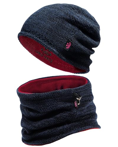 Winter Mens Beanie Hat Scarf Set Fleece Lined Windproof Ski Skull Cap Women - color: Blue+red