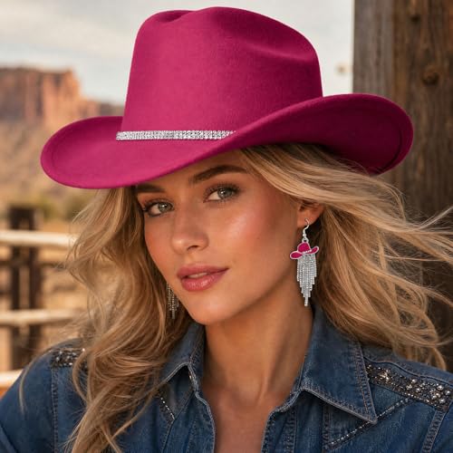 Cowboy Hat Rhinestone Cowgirl Boots Earrings Set Western Earring Felt Fedora Jazz Hat Rodeo Outfit for Women Size M - color: Tassel Rose Red