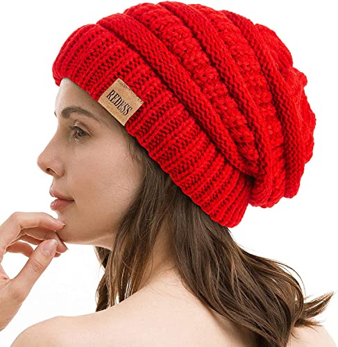 REDESS Slouchy Beanie Hat for Men and Women Winter Warm Knit Hat Chunky Soft Oversized Cable Cap - color: B6 Red