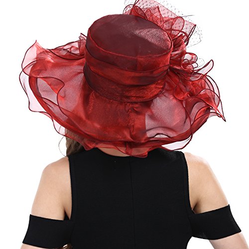 Janey&Rubbins Women's Feathers Floral Fascinating Wide Brim Lightweight Church Derby Hat - color: Burgundy