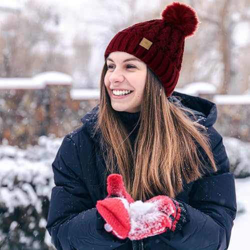 PAGE ONE Womens Winter Ribbed Beanie Crossed Cap Chunky Cable Knit Pompom Soft Warm Hat - color: Brown