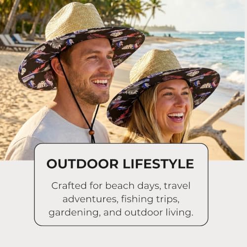 6 Pack Straw Hats – Bulk Wide Brim Lifeguard Sun Hats for Men & Women with Adjustable Chin Strap - color: Natural Straw With Black Fish Pattern Lining