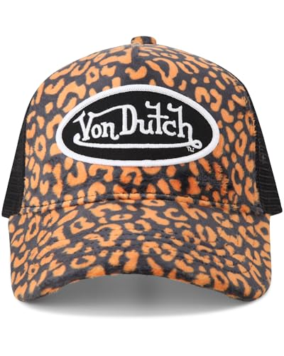 Von Dutch Unisex Velvet Trucker Hat, Curved Bill, Mesh Back, Snapback - color: Orange Leopard