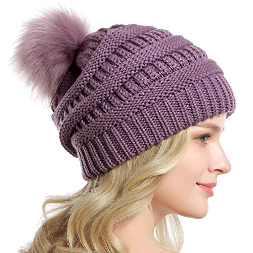Women Knit Slouchy Beanie Chunky Baggy Hat with Faux Fur Pompom Winter Soft Warm Ski Cap - color: C1-purple