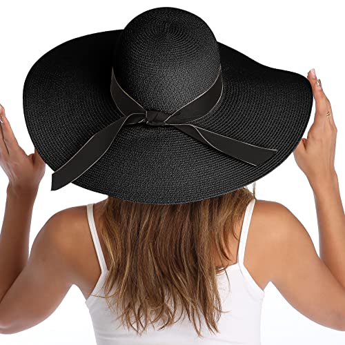 Lanzom Womens Wide Brim Straw Hat Big Floppy Foldable Roll up Cap Beach Sun Hat UPF 50+ - color: Bowknot-black