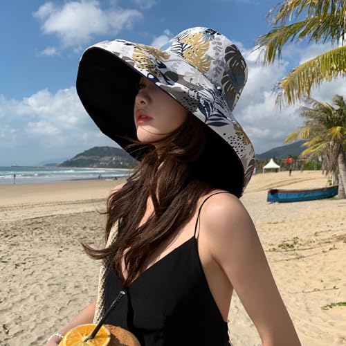 Women Wide Brim Sun Protection Hat Summer Fishing Hats - color: Navy and Leaf Print