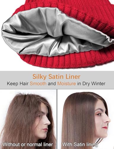 Satin Lined Wool Acrylic Blend Beanie Hat Women Men, Winter Knit Cap - color: Red