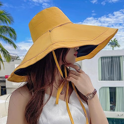 HUAMULAN Women Summer Vacation Wide Brim Sun Hat Reversible Fishing Hats - color: Yellowblack