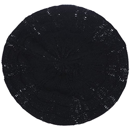 BYOS Chic Parisian Style Soft Lightweight Crochet Cutout Knit Beret Beanie Hat - color: 2-pack Wavy Stripes Brown & Black