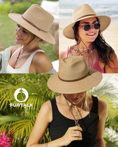 FURTALK Sun Hat Panama Fedora Straw Beach Hat with Wind Lanyard UPF - color: Khaki, size: Large-X-Large
