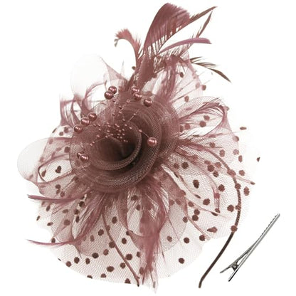 WLBON Fascinators Hat 20s 50s Headband Hair Clips Flower Mesh Veil Feather Headpiece Headwear Women Halloween Carnival Cocktail Wedding Church Cosplay Dress Up Birthday Tea Party Accessories Coffee - color: Coffee