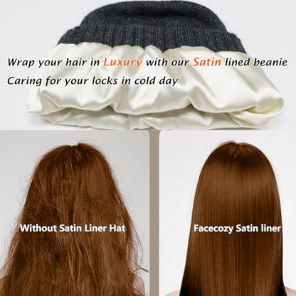 Facecozy Satin Lined Beanie for Women Soft Satin Lining Slouchy Winter Hats - color: Dark Grey