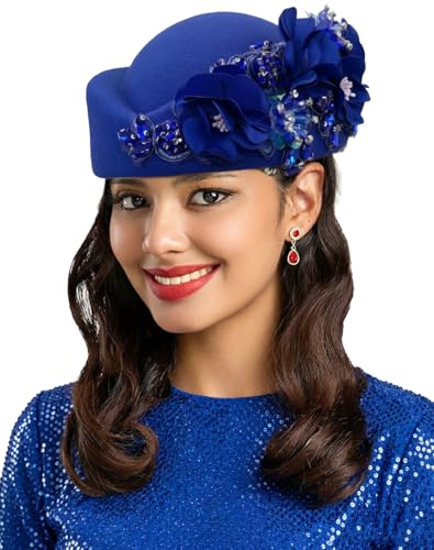 ORIDOOR Women's American and British Felt hat Church Derby Wedding Tea Party Crystal Flower Decoration Beret hat - color: 01-royal Blue