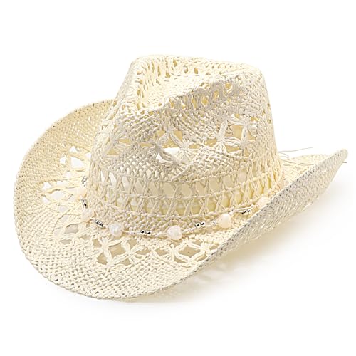 DRESHOW Straw Cowboy Cowgirl Hat for Women Men Western Coastal Cowboy Beach Hat with Shapeable Brim Unisex Rolled up Caps - color: Hollowed-out Straw Hat: Ivory White