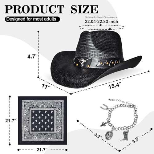 Black Straw Cowboy Hat Western with Bracelet Decorative Bands and Bandana, Hat Size Fits 22.04 to 22.83, Wide Brim, Stylish & Durable Cowboy Hat - Unisex Western Hat for All Occasions
