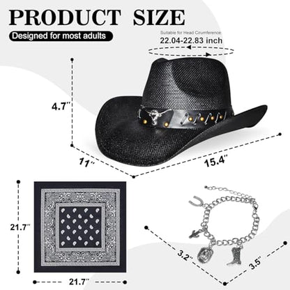 Black Straw Cowboy Hat Western with Bracelet Decorative Bands and Bandana, Hat Size Fits 22.04 to 22.83, Wide Brim, Stylish & Durable Cowboy Hat - Unisex Western Hat for All Occasions