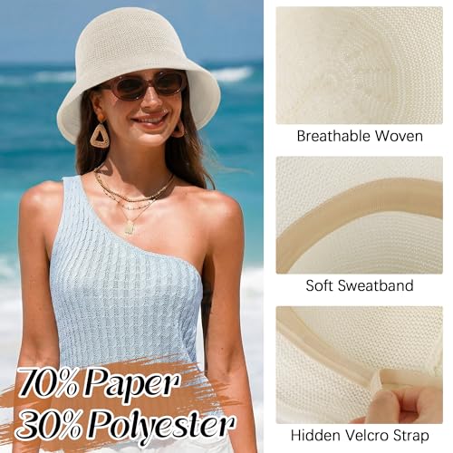 Babalet Summer Straw Beach Sun Hats for Women Packable Floppy Bucket Hat - color: White
