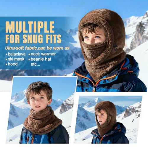 Ski Mask Kids Balaclava, Winter Ski Face Mask Cover, Fleece Hats for Kids - color: Brown