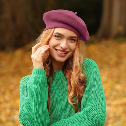 Lanzom Wool Blend Women Beret Hat French Beret Cap Winter Fashion Solid Color Hat for Women Girls Lady - color: Wine Red