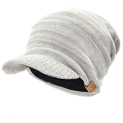 Ruphedy Mens Beanie with Brim Winter Hat Knitted Thick Fleece Visor Beanie - color: B319-light Grey