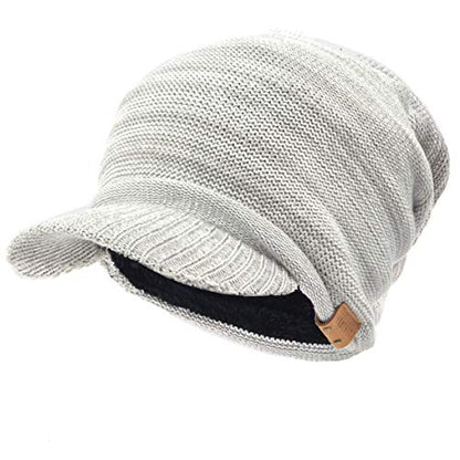 Ruphedy Mens Beanie with Brim Winter Hat Knitted Thick Fleece Visor Beanie - color: B319-light Grey