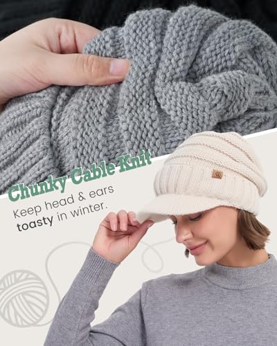 Women Men Winter Beanie Hat with Visor, Warm Fleece Lined Beanie Cap, Thick Knit Cap Slouchy Hat with Brim - color: Heather Grey