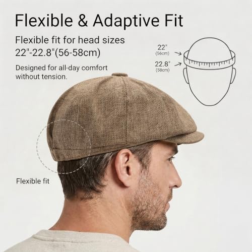 ZLYC Newsboy Cap for Men Summer Flat Cap Lightweight Beret Hat - color: Solid Khaki