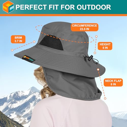 SUN CUBE Wide Brim Sun Hat for Men & Women, UPF 50+ UV Protection, Mesh Boonie Hat with Chin Strap, Fishing Hiking Hat - color: Grey With Flap