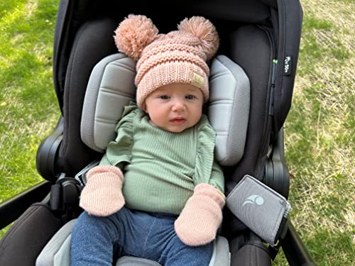 Funky Junque Baby Double Faux Fur Pom Pom Beanie & Mittens Set – Newborn Infant 0–9 Months Winter Hat with Soft Lined Mittens - color: Indi Pink (0-9 Months)