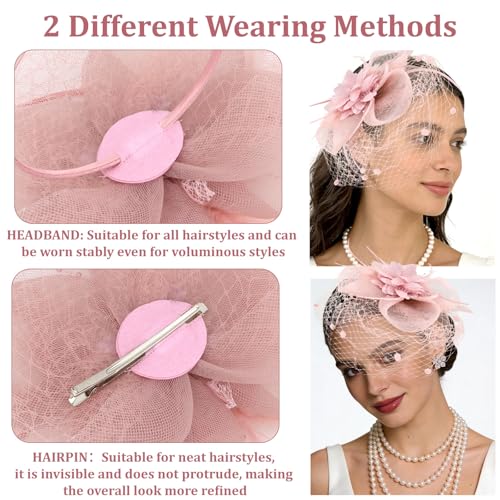 Semato Fascinators Hats for Women Mesh Feathers Elegant Pink Tea Party Kentucky Hat Derby Headband with Hair Clip - color: Pink