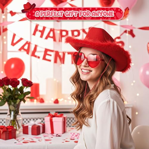 4E's Novelty Cowboy Hat with feathers With Heart Shaped Sunglasses for Women, Felt Cowgirl Hat for Party Costume Dress Up - color: Red