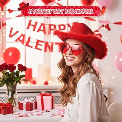 4E's Novelty Cowboy Hat with feathers With Heart Shaped Sunglasses for Women, Felt Cowgirl Hat for Party Costume Dress Up - color: Red