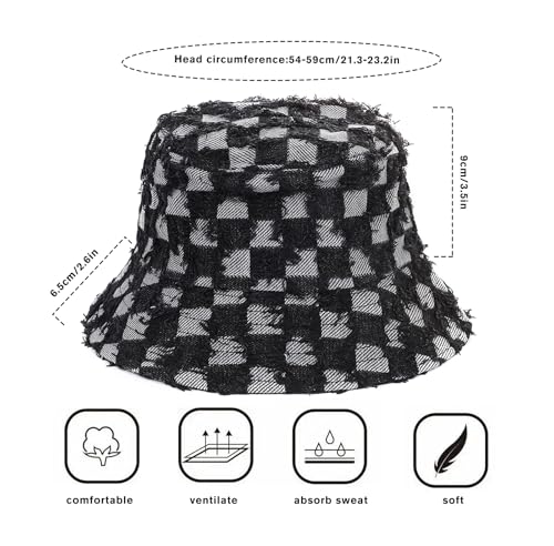 Women's Washed Cotton Bucket Hat Cowboy Checkerboard Fishermen Hat - color: Black