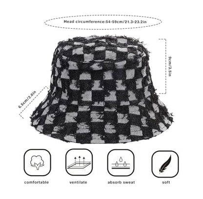 Women's Washed Cotton Bucket Hat Cowboy Checkerboard Fishermen Hat - color: Black