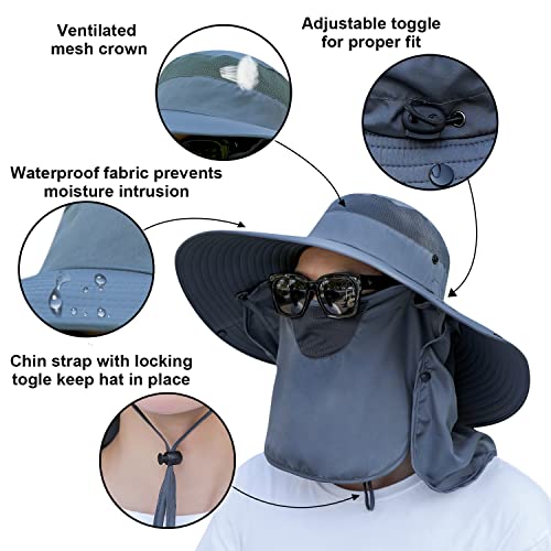 Women Wide Brim Face Mask Sun Hat Detachable Neck Face Flap Ponytail UV Protection Visor Hat Garden Fishing Hiking - color: Hyp008-darkgray